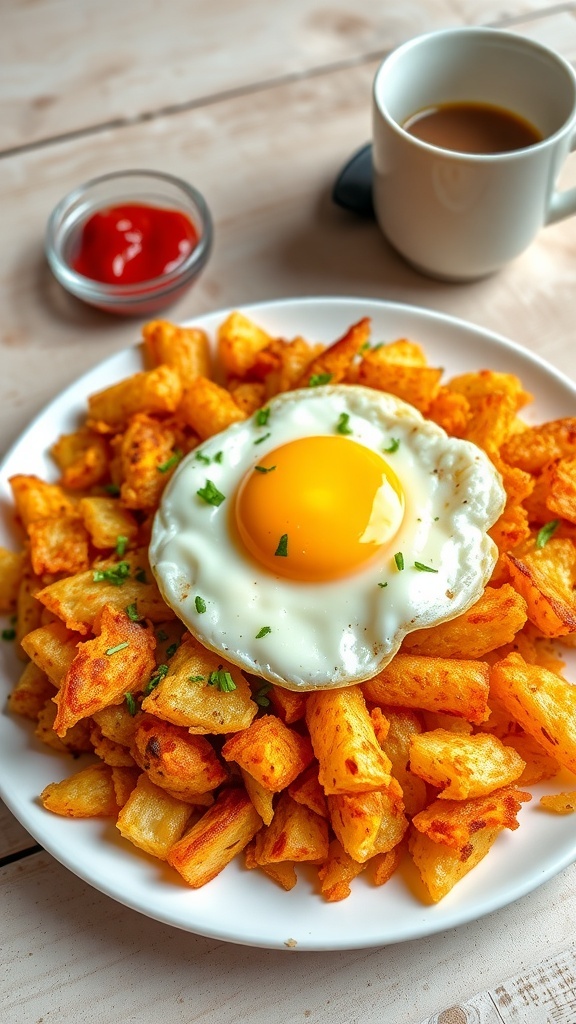 Crispy golden hash browns on a plate with a fried egg, garnished with herbs, served with ketchup.